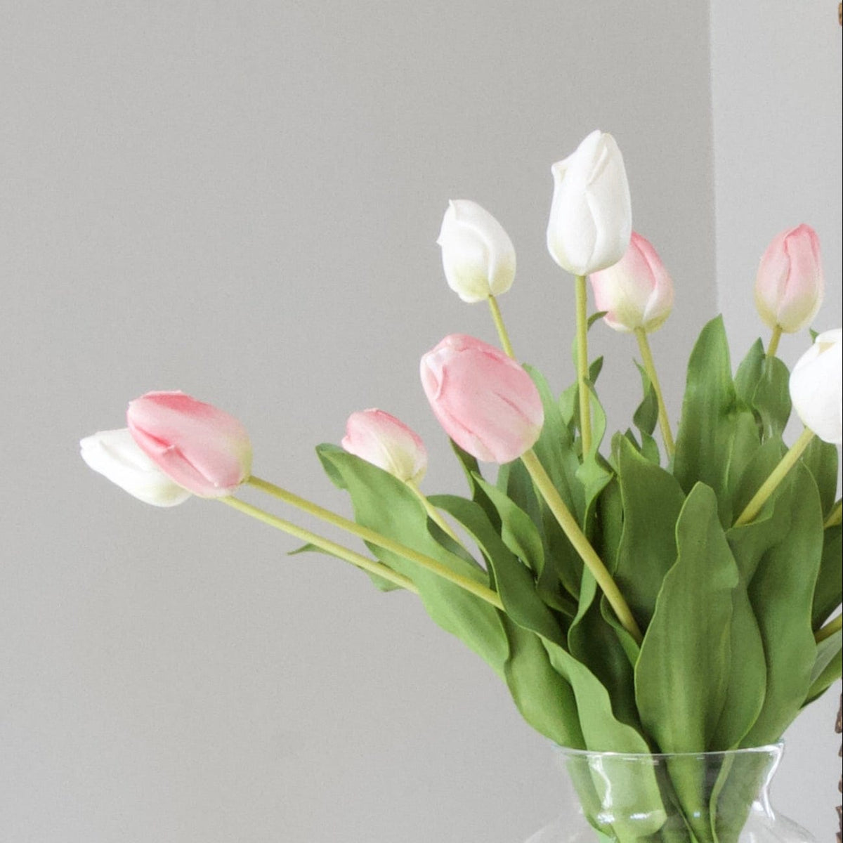 Realistic Pink and White Tulip Bouquet & Clear Funnel Neck Vase Set ABY5657WH-6 + ABY5657PK-6 + ABV2253 by The Faux Flower Company
