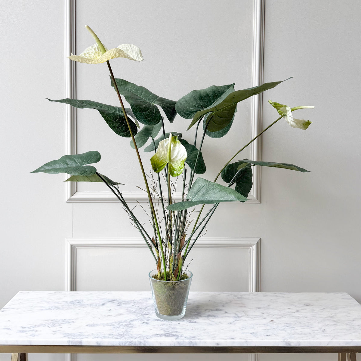 anthurium in glass vase Artificial White Anthurium Laceleaf Plant in Glass Pot