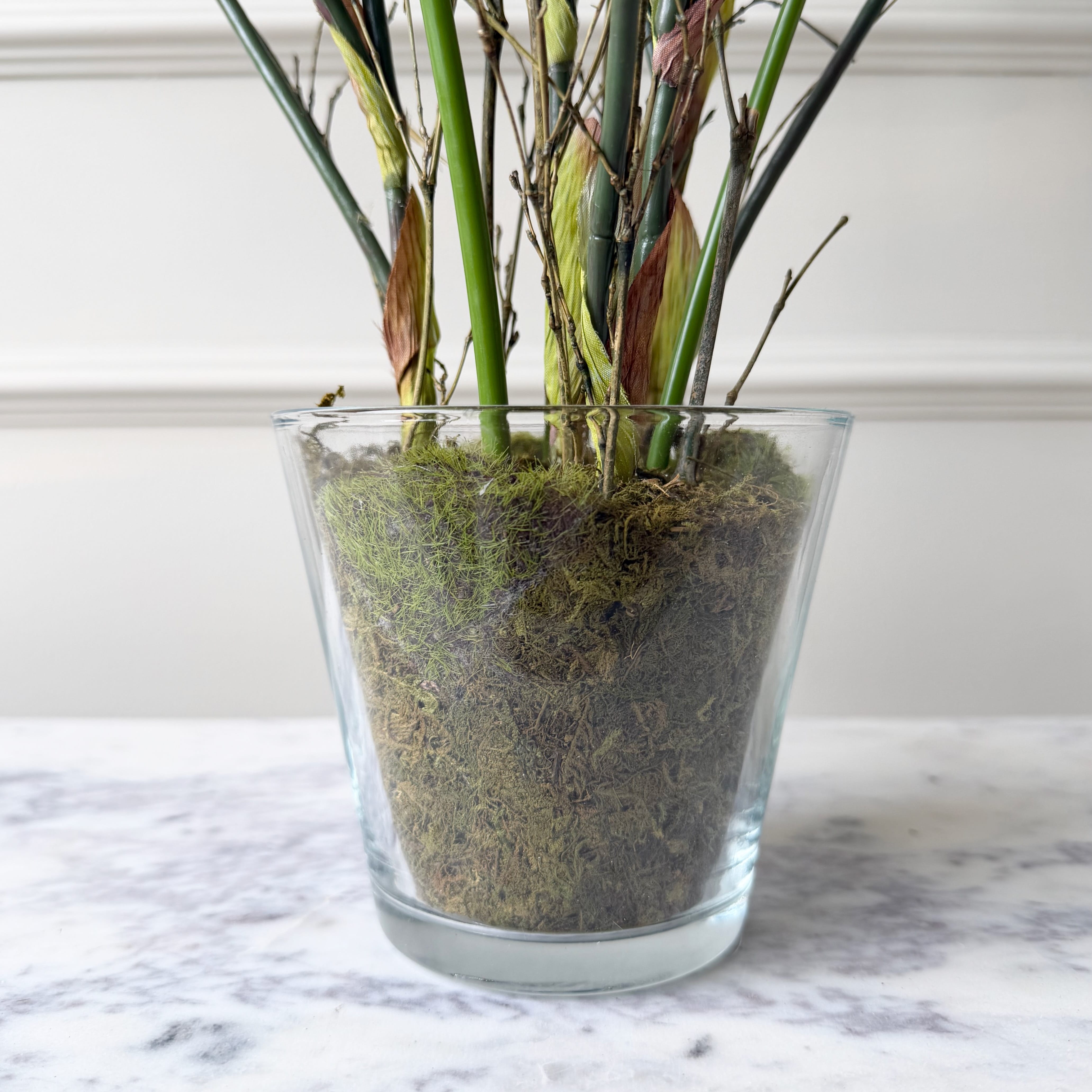 Realistic Artificial Large Anthurium 'Laceleaf' Plant in Glass Pot AHCH-3082 by The Faux Flower Company