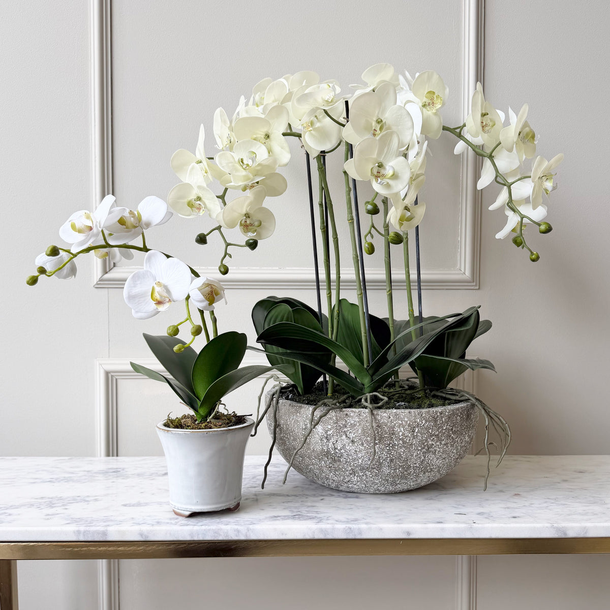 Realistic Artificial Large Cream Phalaenopsis Orchid in Stone-look Bowl AHCH-1700 by The Faux Flower Company