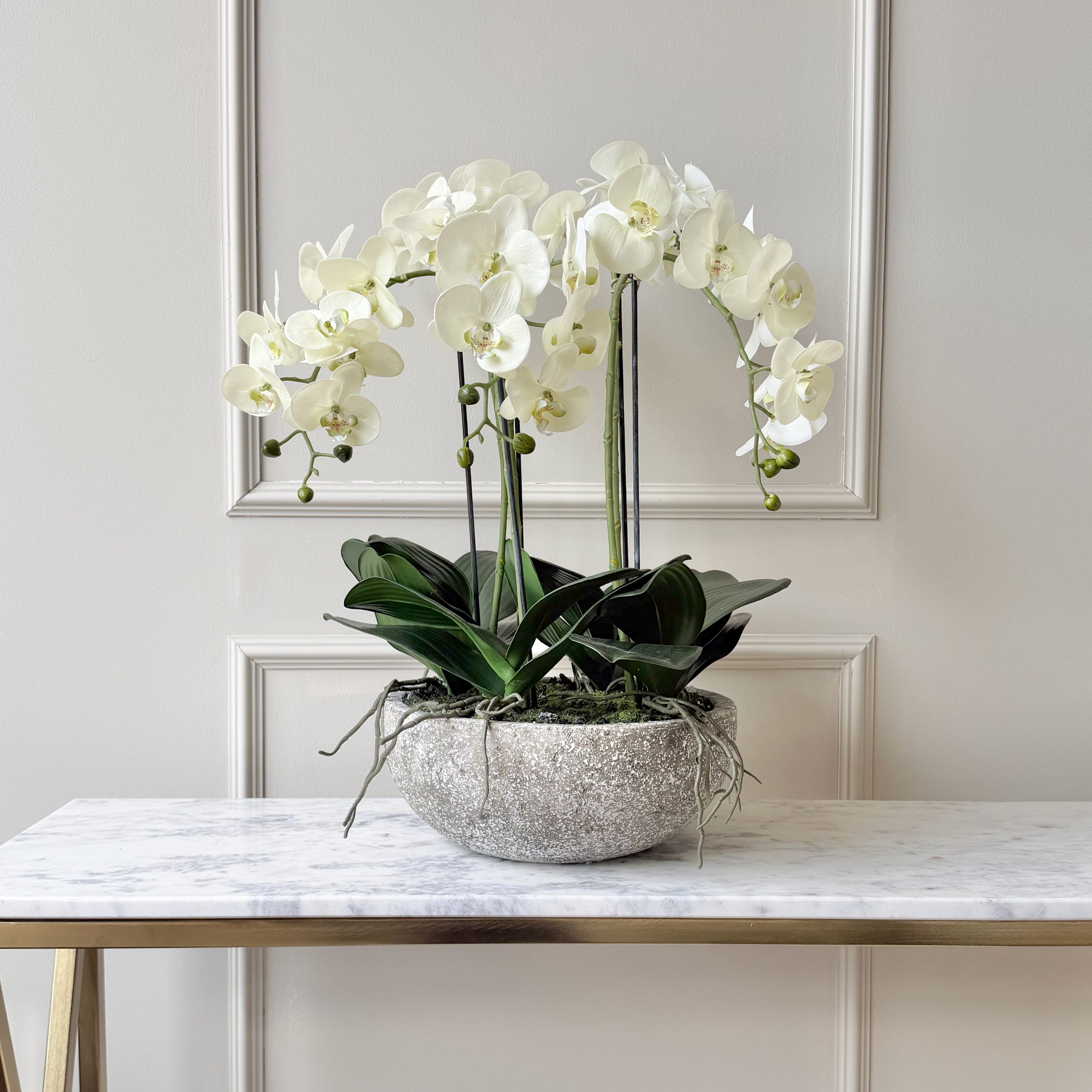 Realistic Artificial Large Cream Phalaenopsis Orchid in Stone-look Bowl AHCH-1700 by The Faux Flower Company