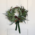 Realistic Artificial Large Woodland Pine Wreath With Green Velvet Bow AHCH-0328 by The Faux Flower Company