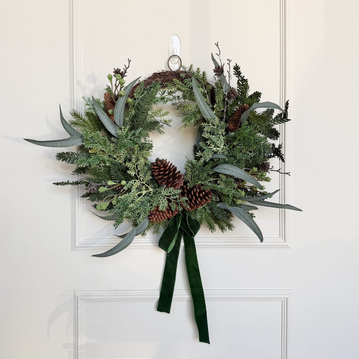 Realistic Artificial Large Woodland Pine Wreath With Green Velvet Bow AHCH-0328 by The Faux Flower Company