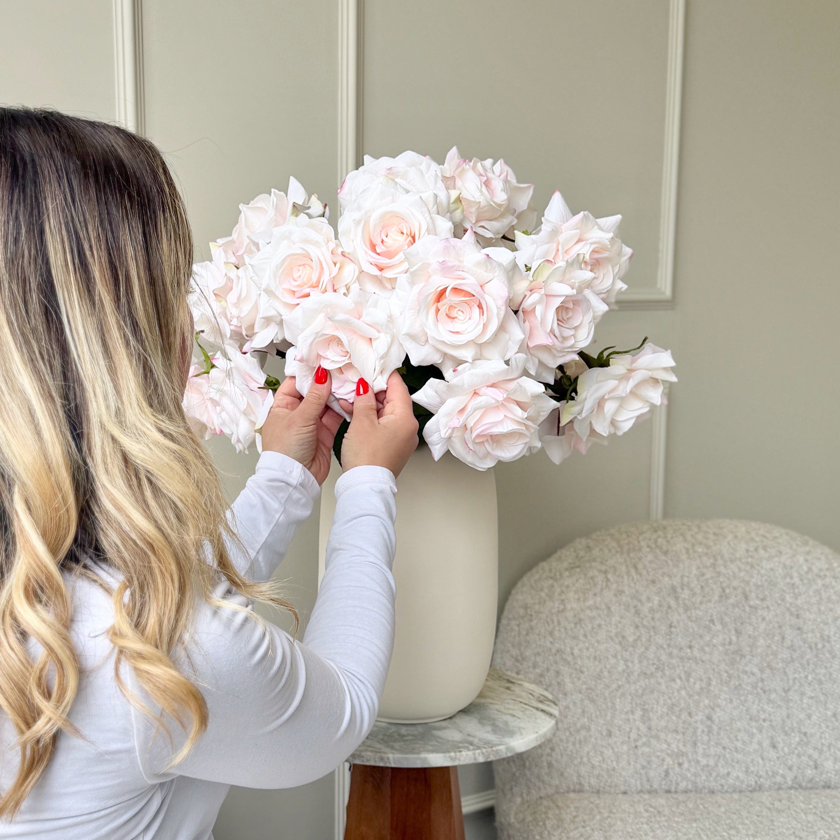 Realistic Deluxe Artificial Pink Tea Rose Hand-Tied Bouquet by The Faux Flower Company