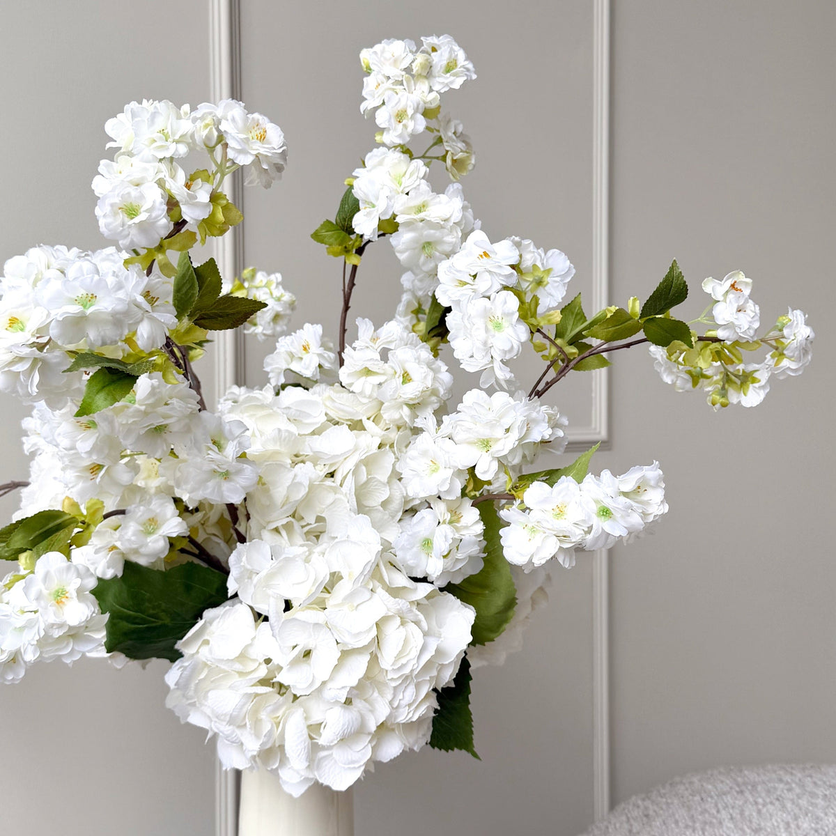 Realistic White Cherry Blossom & Hydrangea Arrangement AR ABX5043WH-5 & ABX5001WH-54-5 by The Faux Flower Company