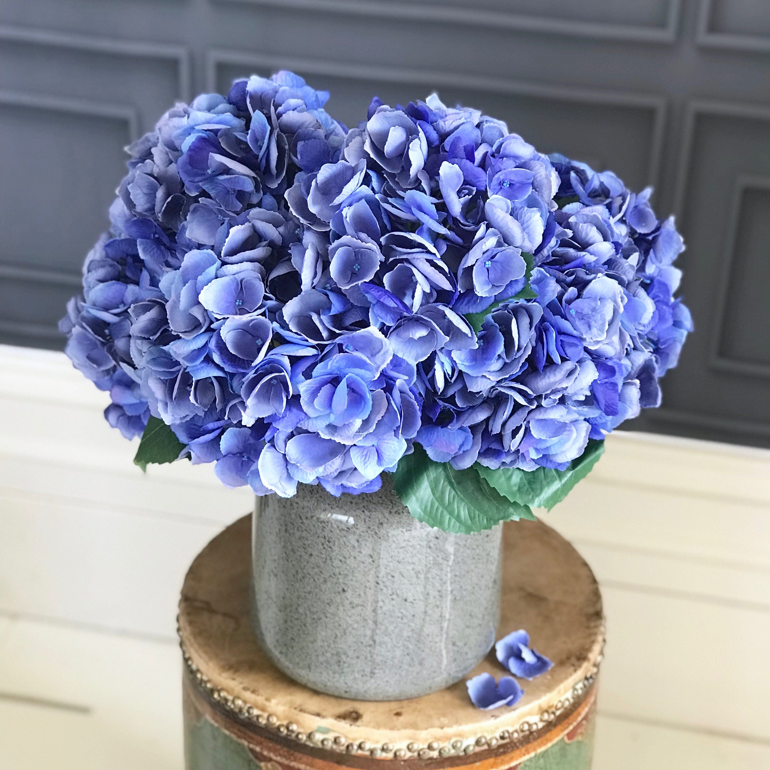Artificial flowers blue silk hydrangea lifelike realistic flower arrangement Amaranthine Blooms UK