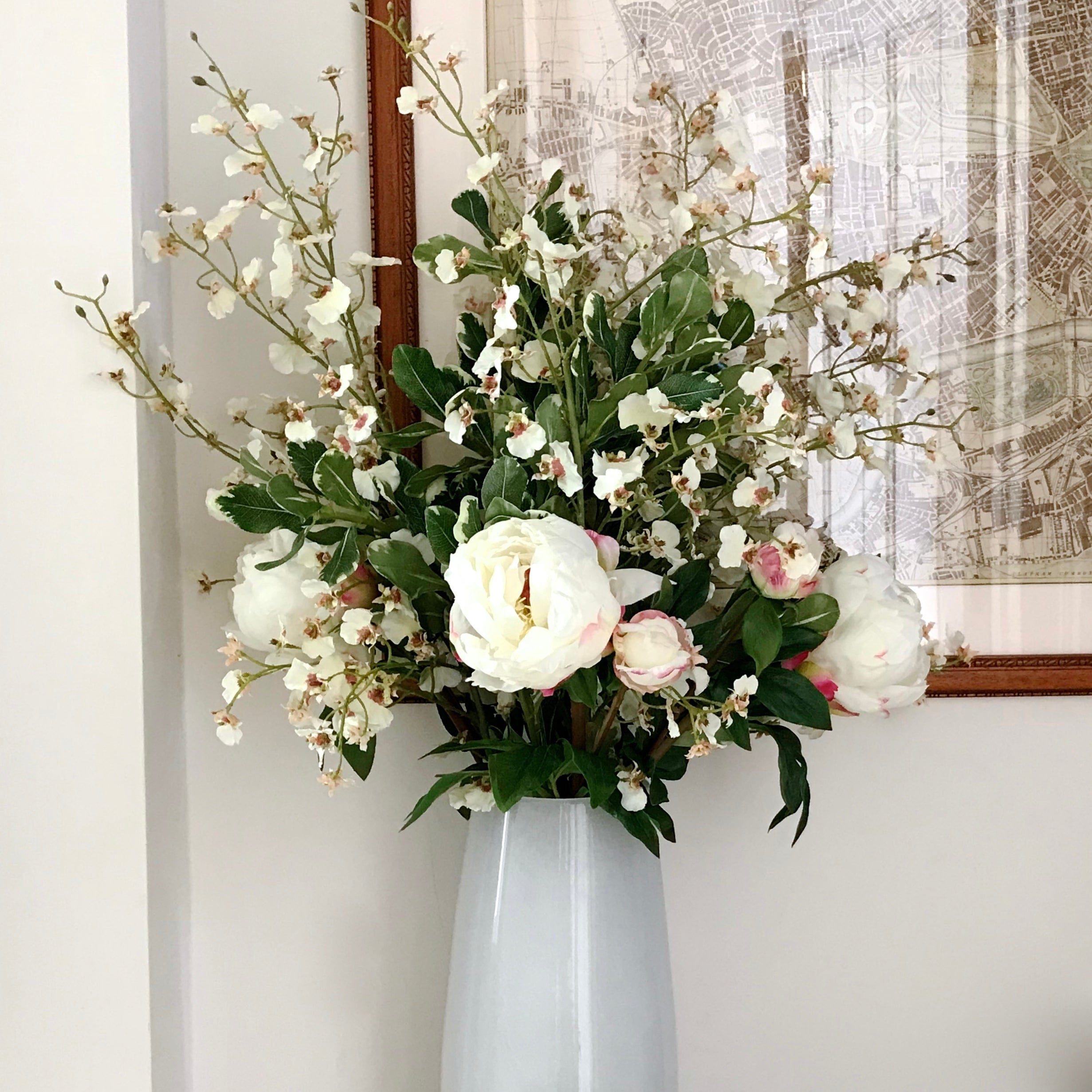 Artificial flowers luxury faux silk white peony, oncidium and pittosporum bouquet lifelike realistic faux flowers buy online from Amaranthine Blooms UK