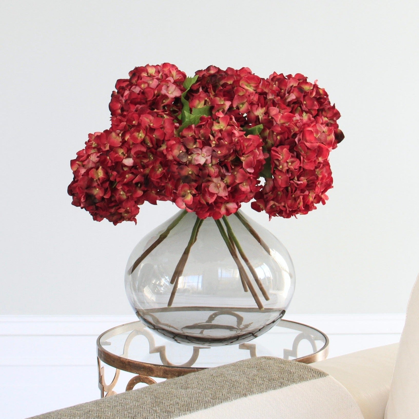 Artificial flowers luxury faux silk Red Hydrangea lifelike realistic faux flowers buy online from Amaranthine Blooms UK