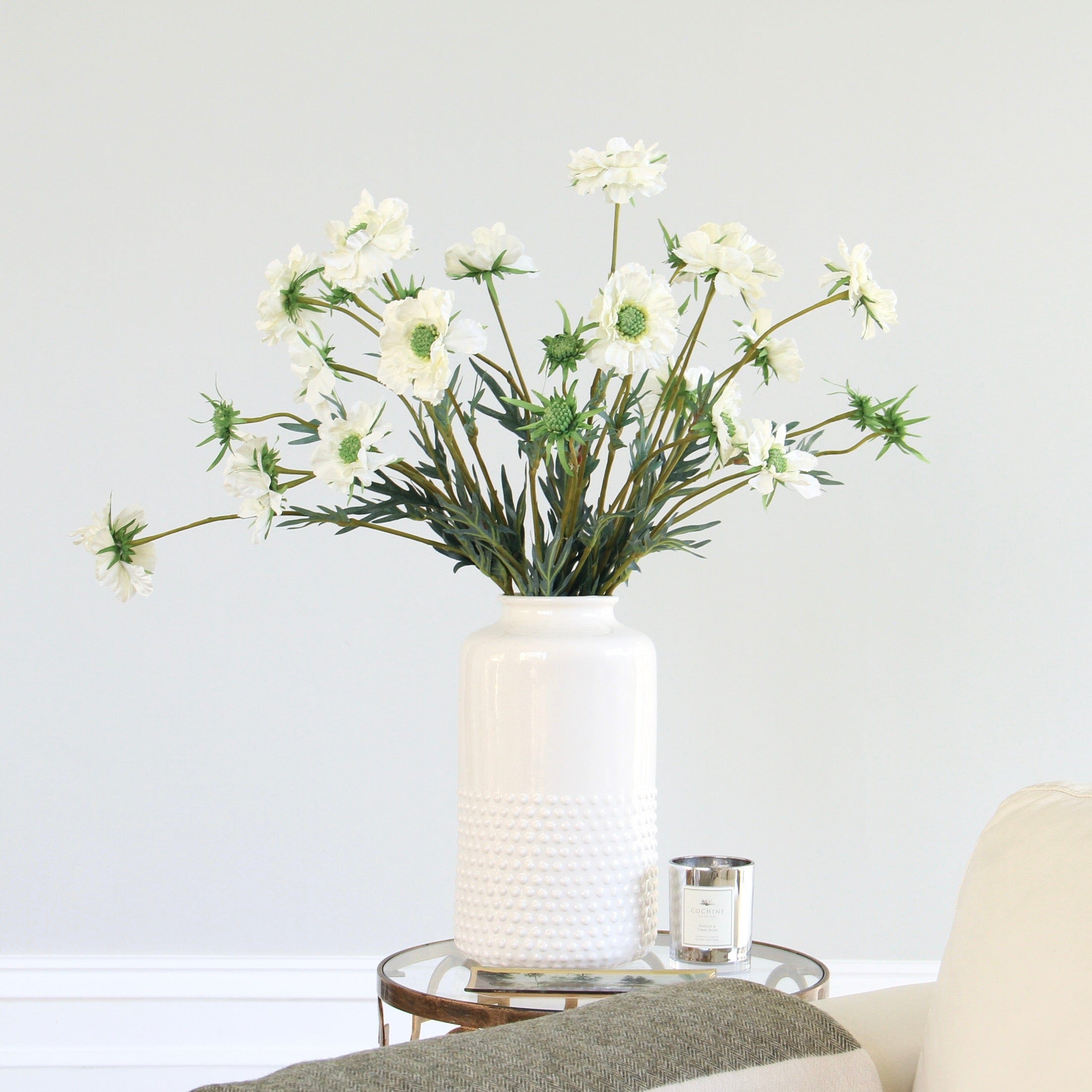 Artificial flowers luxury faux silk White Scabiosa lifelike realistic faux flowers buy online from Amaranthine Blooms UK