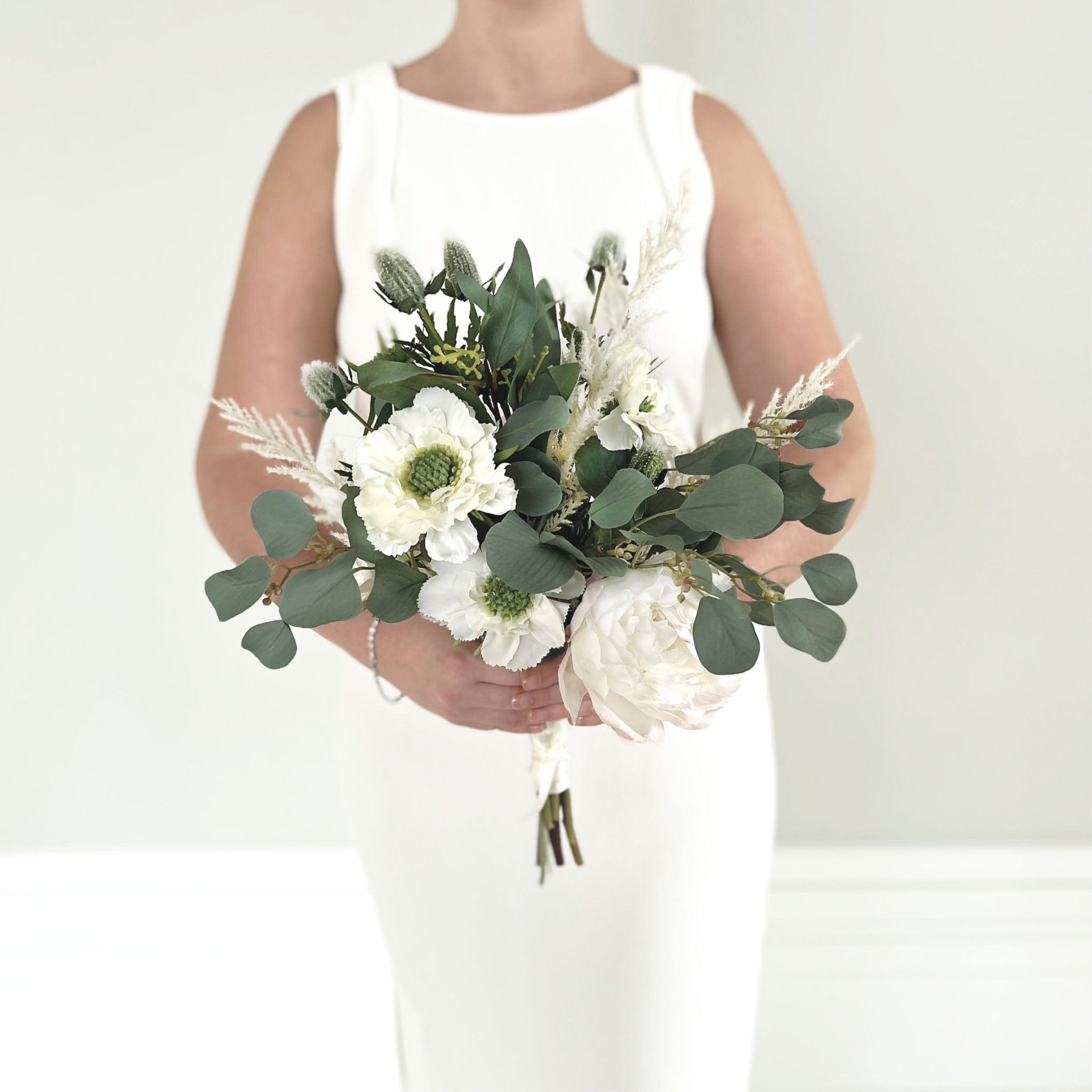 Artificial flowers luxury faux silk westwood white protea silk wedding bridesmaid bouquet lifelike realistic faux flowers from Amaranthine Blooms UK