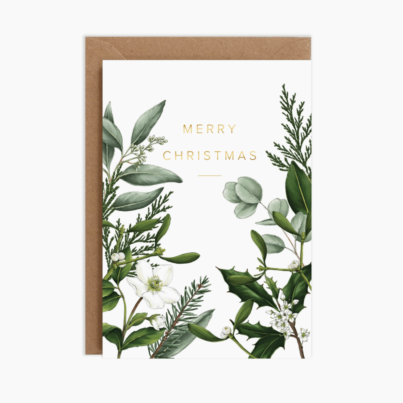 greenery and gold christmas card