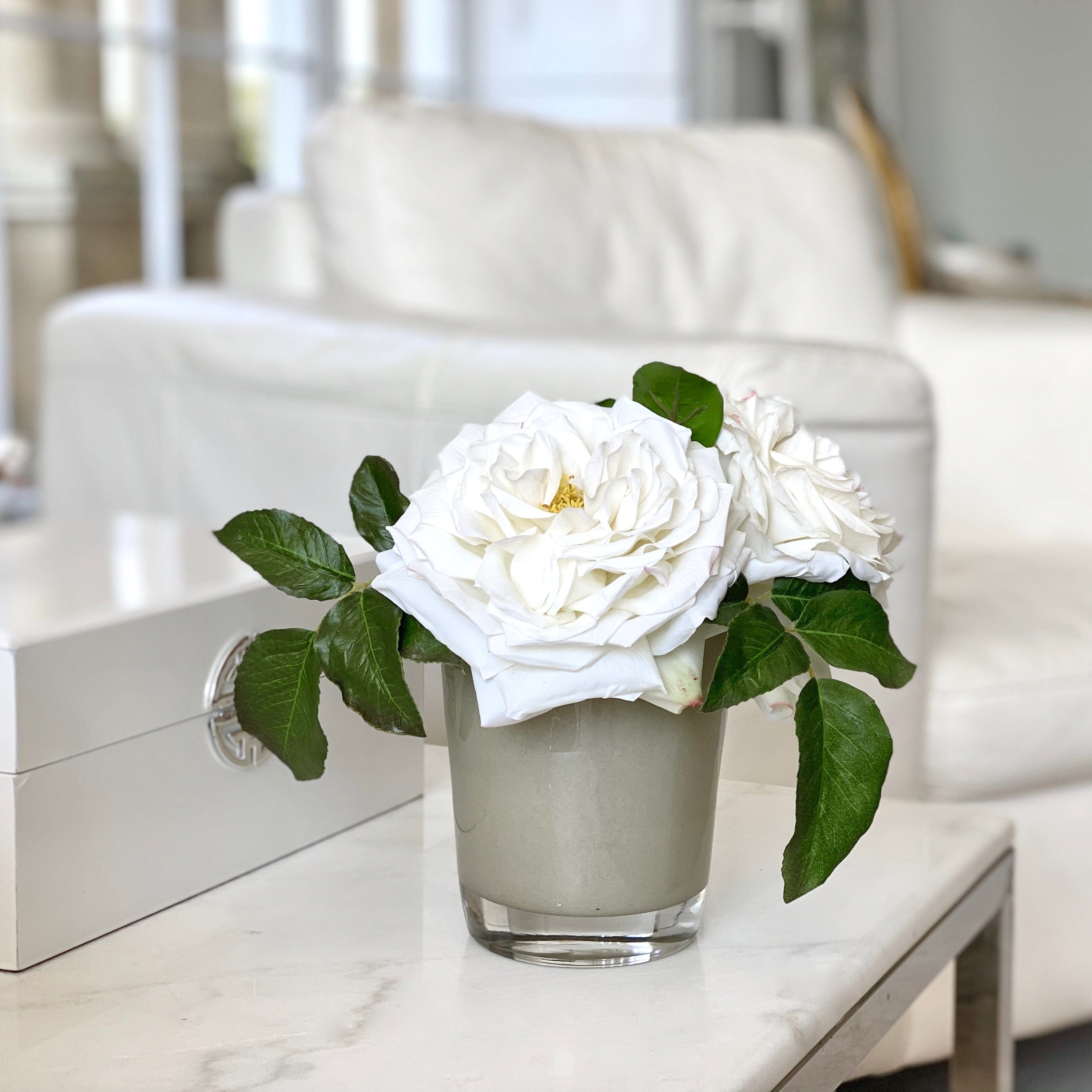 Artificial flowers luxury faux silk white rose side table display lifelike realistic faux flowers buy online from Amaranthine Blooms UK