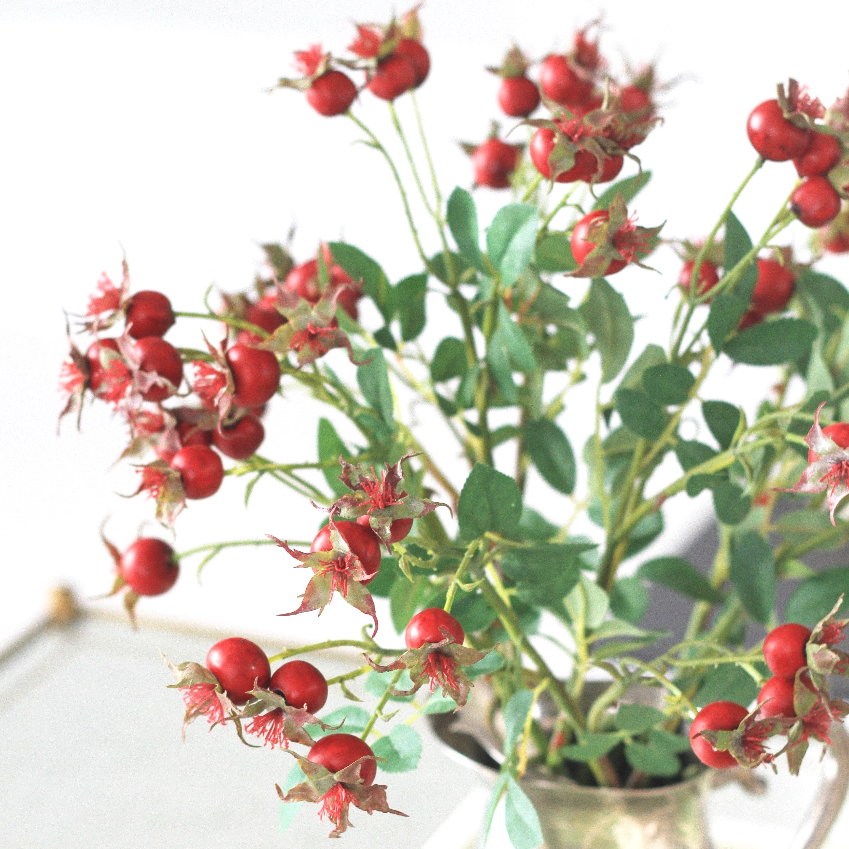 artificial flowers luxury faux red rosehips lifelike realistic faux flowers buy online from Amaranthine Blooms UK 
