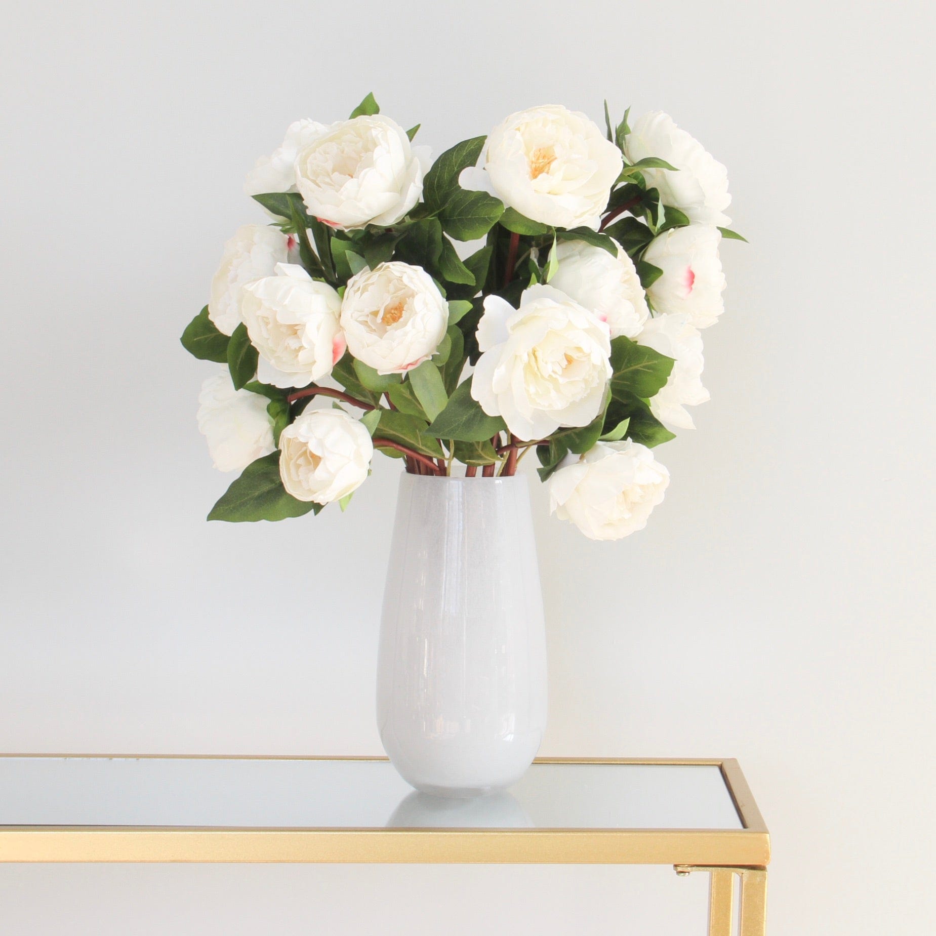 artificial flowers luxury faux silk two bloom peony lifelike realistic faux flowers buy online from The Faux Flower Company UK | 8 stems of White Two Bloom in White Elegant Vase Medium